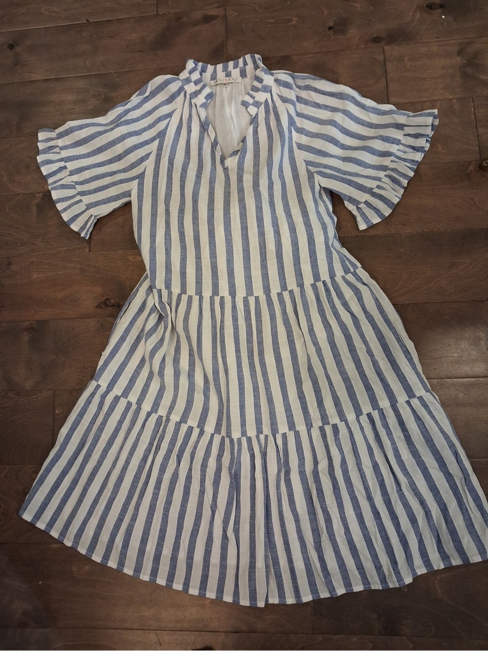 Joy Joy Blue and White Striped Ruffle Neck Tiered Midi Dress